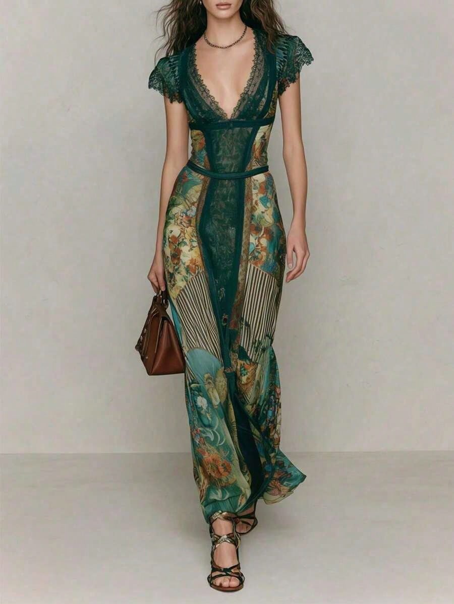 Women's Sexy V-Neck Dress For Summer Vacation Retro Elegant Print Wedding Guest Dress Green Lace Bodycon - image 3
