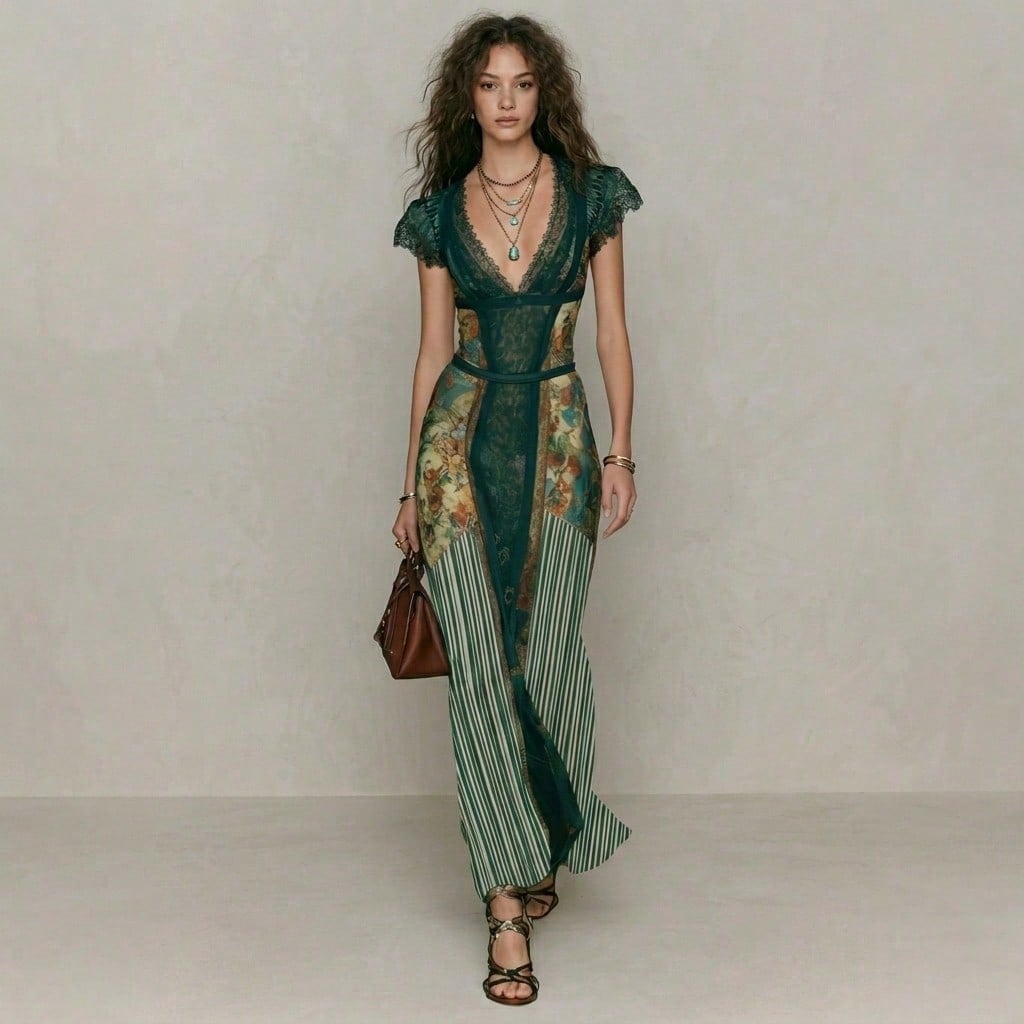 Women's Sexy V-Neck Dress For Summer Vacation Retro Elegant Print Wedding Guest Dress Green Lace Bodycon