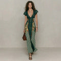 Women's Sexy V-Neck Dress For Summer Vacation Retro Elegant Print Wedding Guest Dress Green Lace Bodycon
