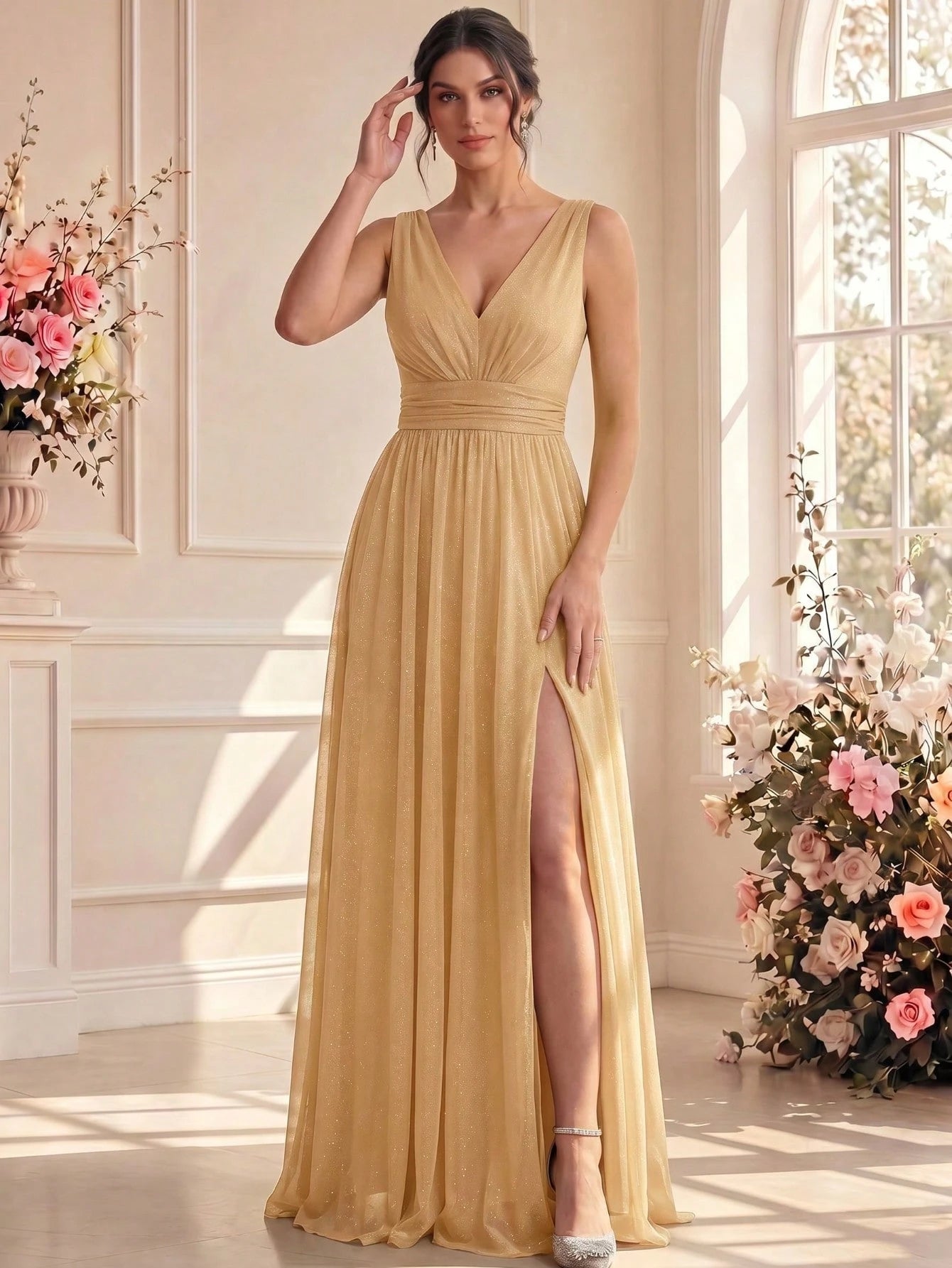 XUCTHHC Elegant V-Neck Sleeveless Tulle A-Line Bridesmaid Dresses,