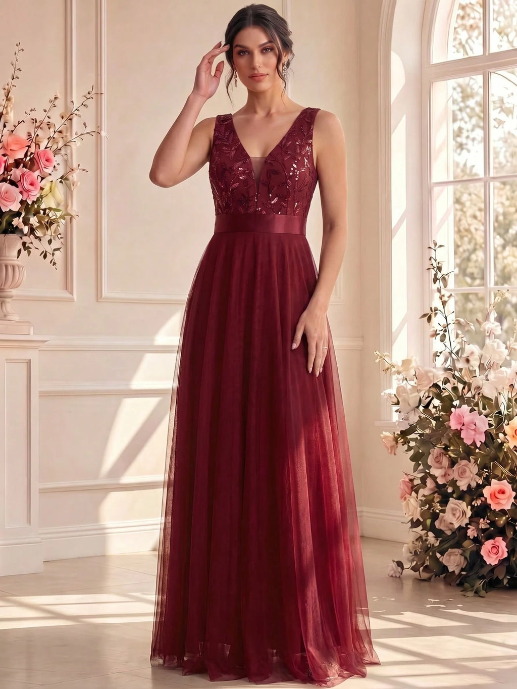 XUCTHHC Elegant Sequin Embroidered Mesh V-Neck Sleeveless A-Line Evening Gown, Suitable For Prom, Party,