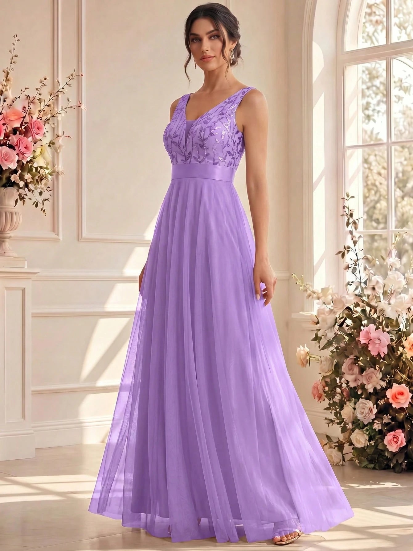 XUCTHHC Elegant Sequin Embroidery & Mesh V-Neck Sleeveless A-Line