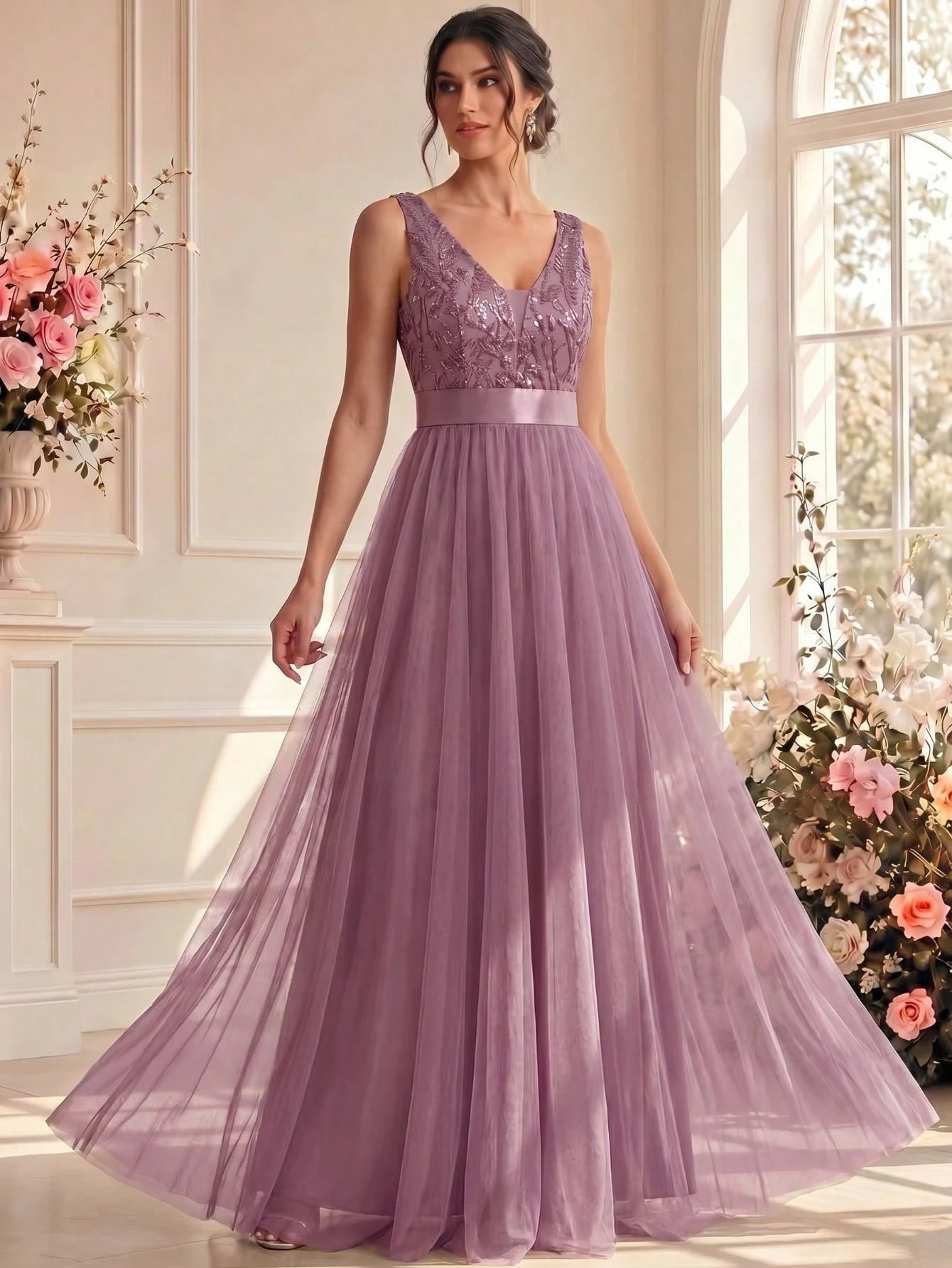 XUCTHHC Elegant Sequin Embroidery & Mesh V-Neck Sleeveless A-Line