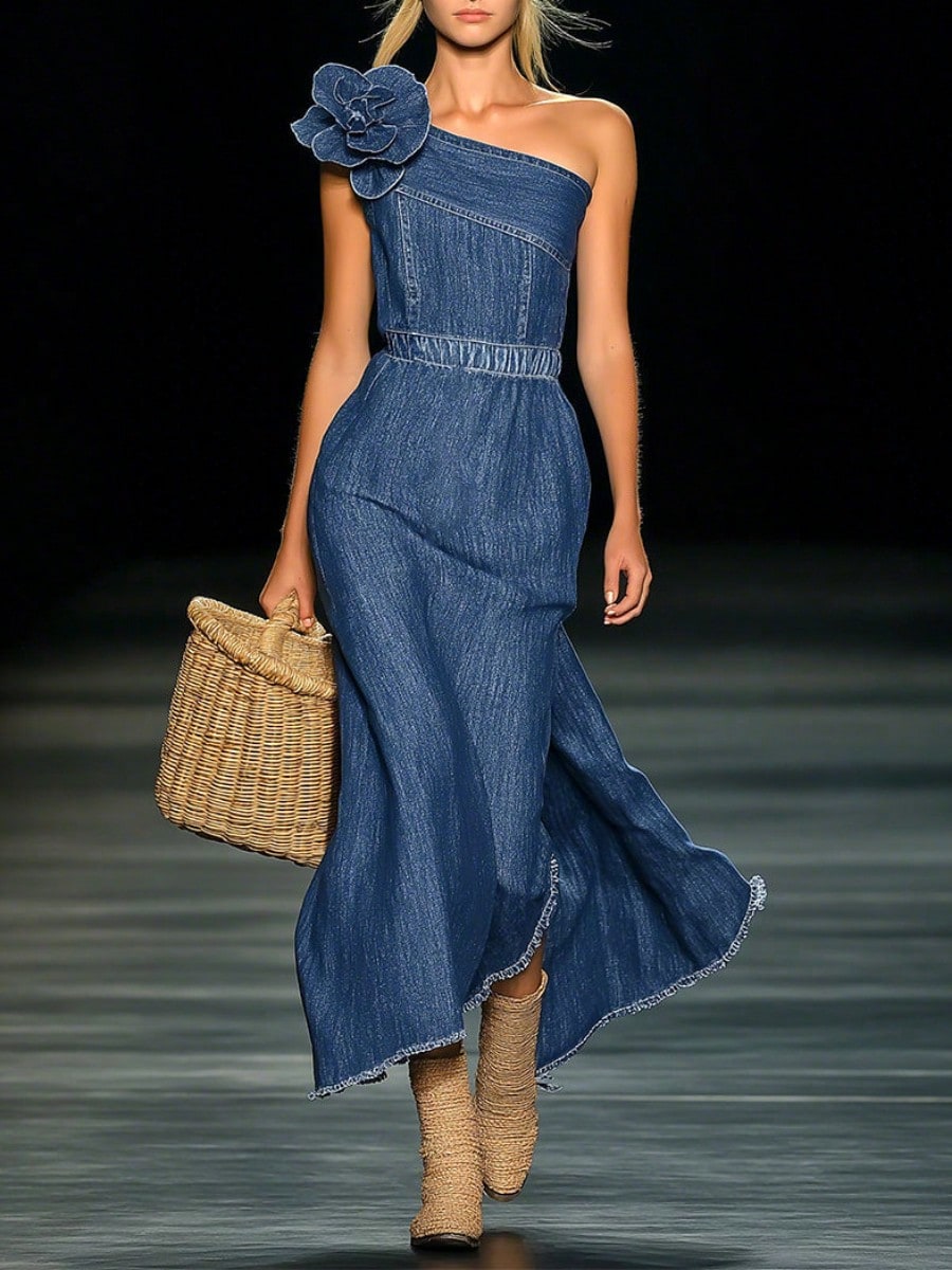 Summer New Elegant Off Shoulder Denim 3D Floral Maxi Dress