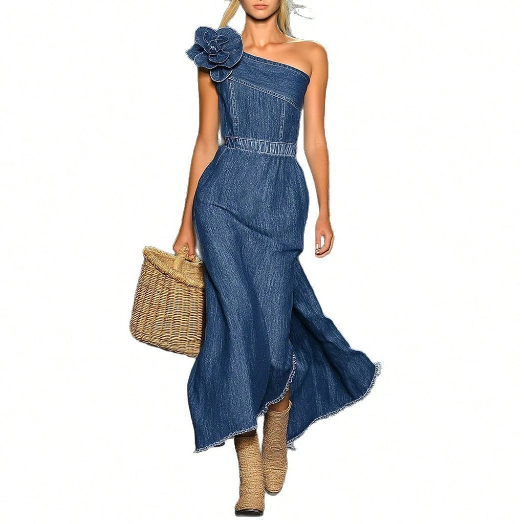 Summer New Elegant Off Shoulder Denim 3D Floral Maxi Dress