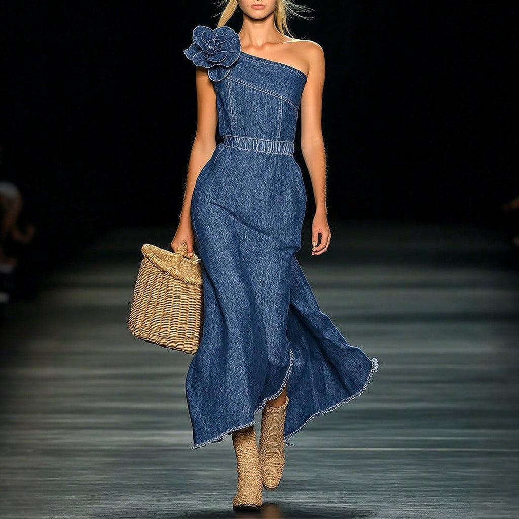 Summer New Elegant Off Shoulder Denim 3D Floral Maxi Dress