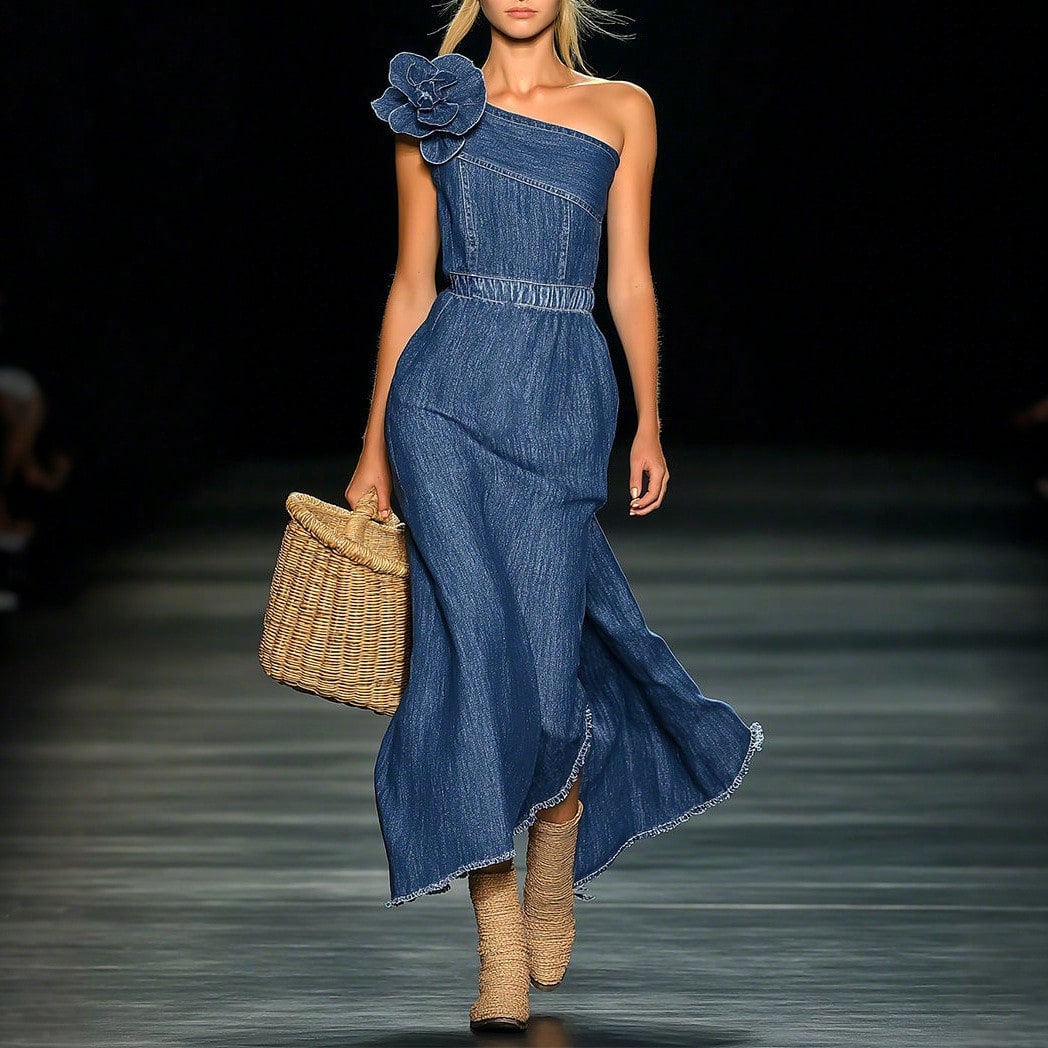 Summer New Elegant Off Shoulder Denim 3D Floral Maxi Dress
