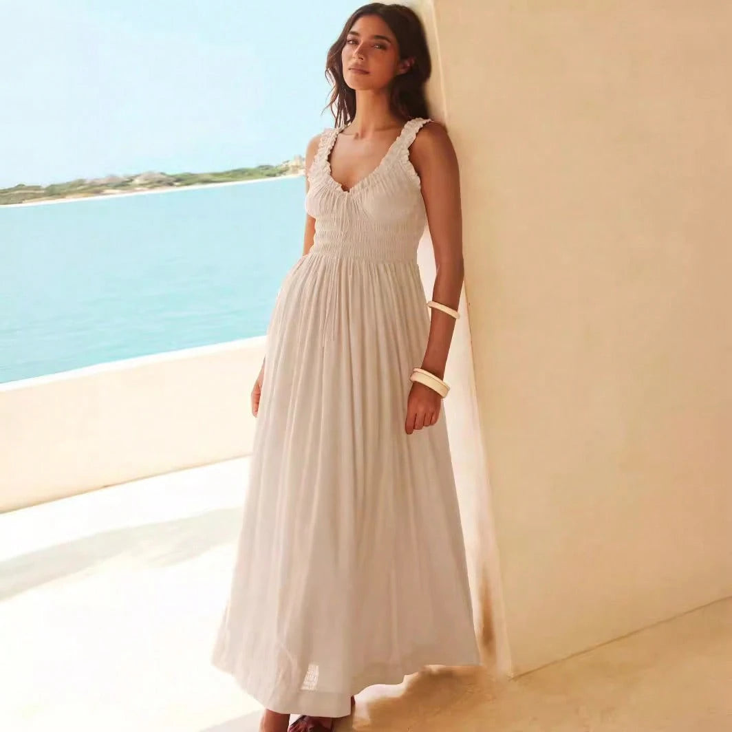 Women Ruffle Strap Smocked V Neck Maxi Dress, Drawstring Waist Flowy Chiffon Vacation Sundress - image 2