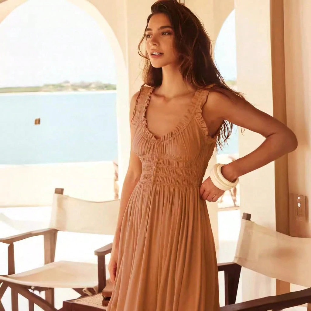 Women Ruffle Strap Smocked V Neck Maxi Dress, Drawstring Waist Flowy Chiffon Vacation Sundress - image 3