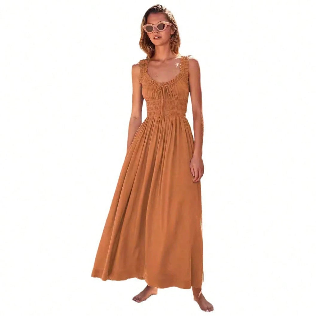 Women Ruffle Strap Smocked V Neck Maxi Dress, Drawstring Waist Flowy Chiffon Vacation Sundress - image 5