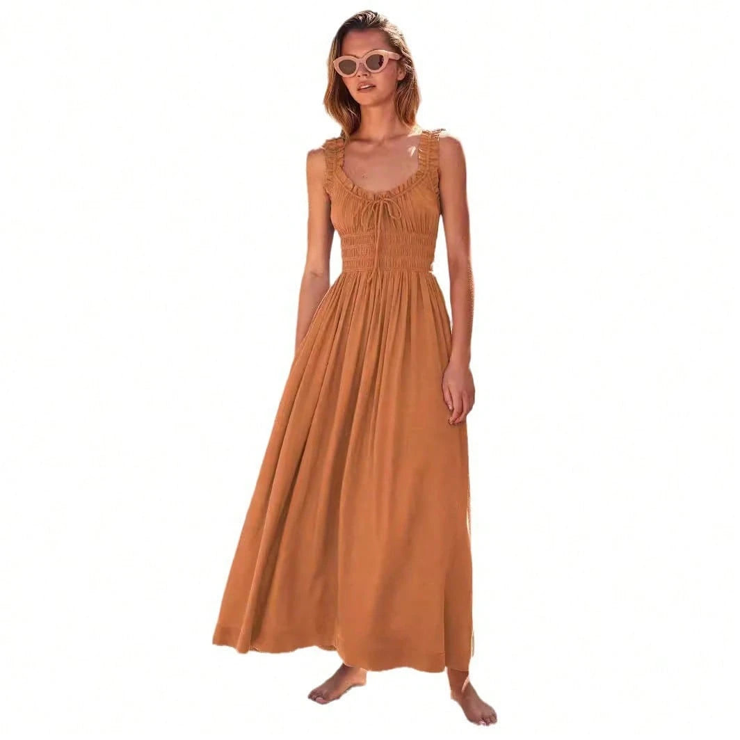 Women Ruffle Strap Smocked V Neck Maxi Dress, Drawstring Waist Flowy Chiffon Vacation Sundress - image 5