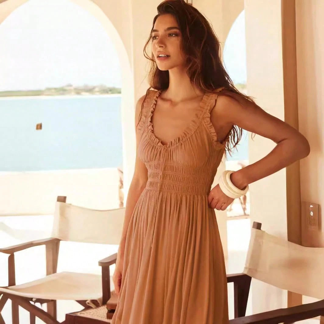Women Ruffle Strap Smocked V Neck Maxi Dress, Drawstring Waist Flowy Chiffon Vacation Sundress - image 7