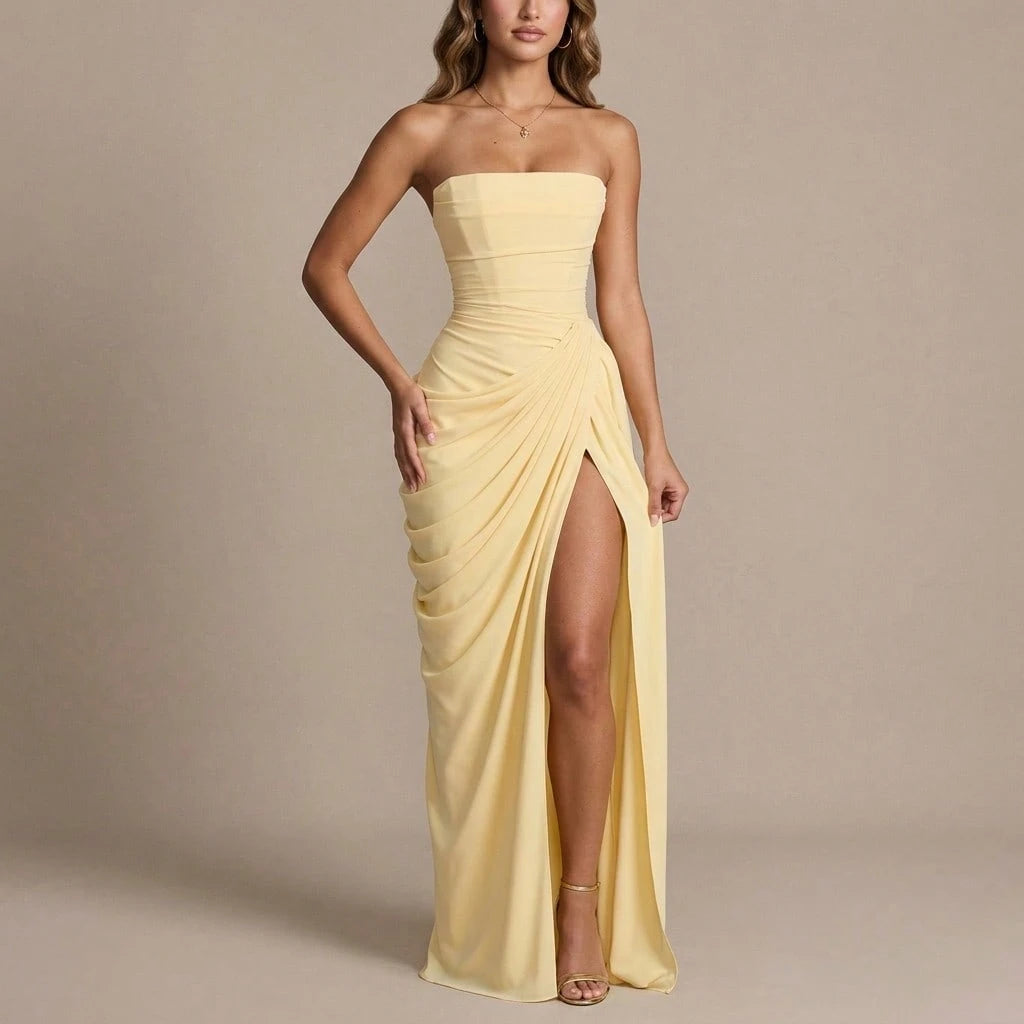 Minimal Pastel Yellow Strapless Maxi, Tube Neck Side Draped Ruched High Slit Soft Chiffon Floor Prom Formal - image 13