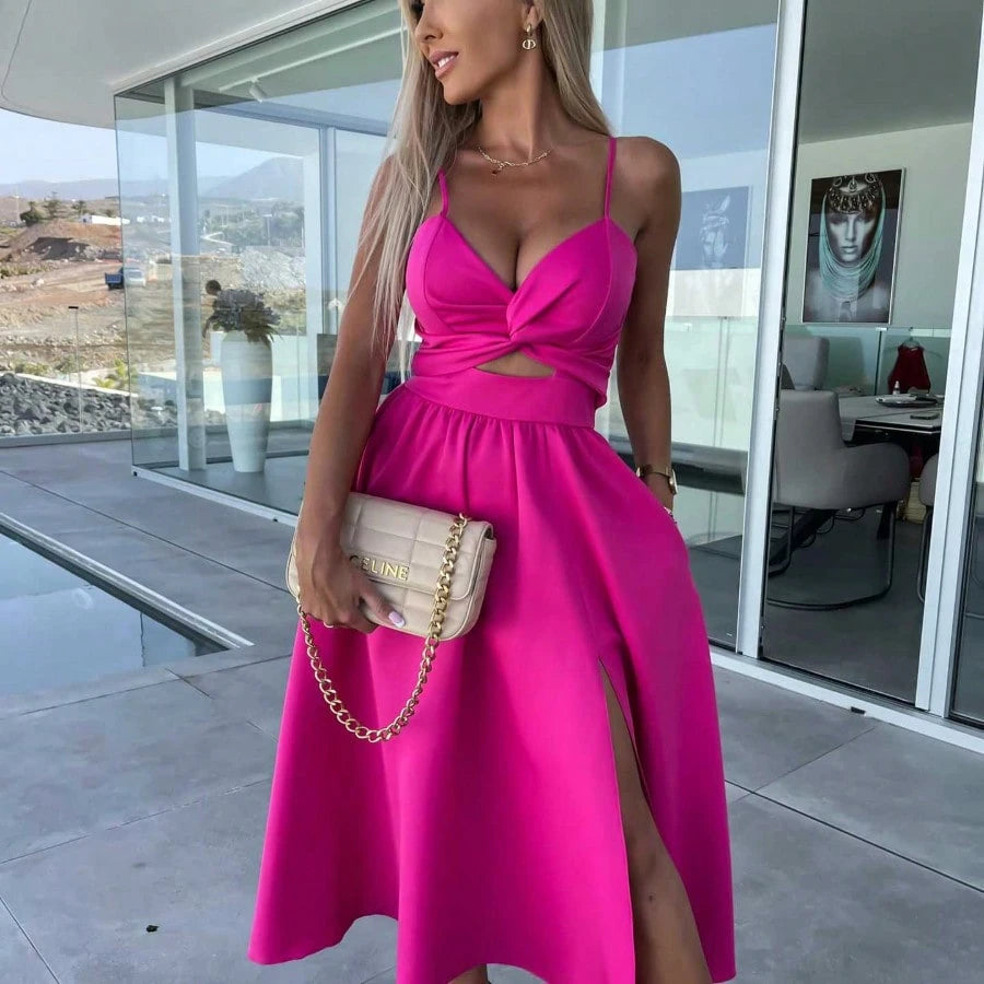 Women Spaghetti Strap Twist Cutout Midi Dress, High Slit Flowy Satin Skirt, Night Out Wedding Guest Ropa De