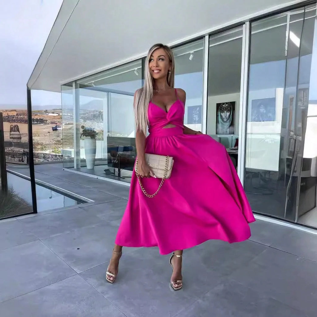 Women Spaghetti Strap Twist Cutout Midi Dress, High Slit Flowy Satin Skirt, Night Out Wedding Guest Ropa De - image 3