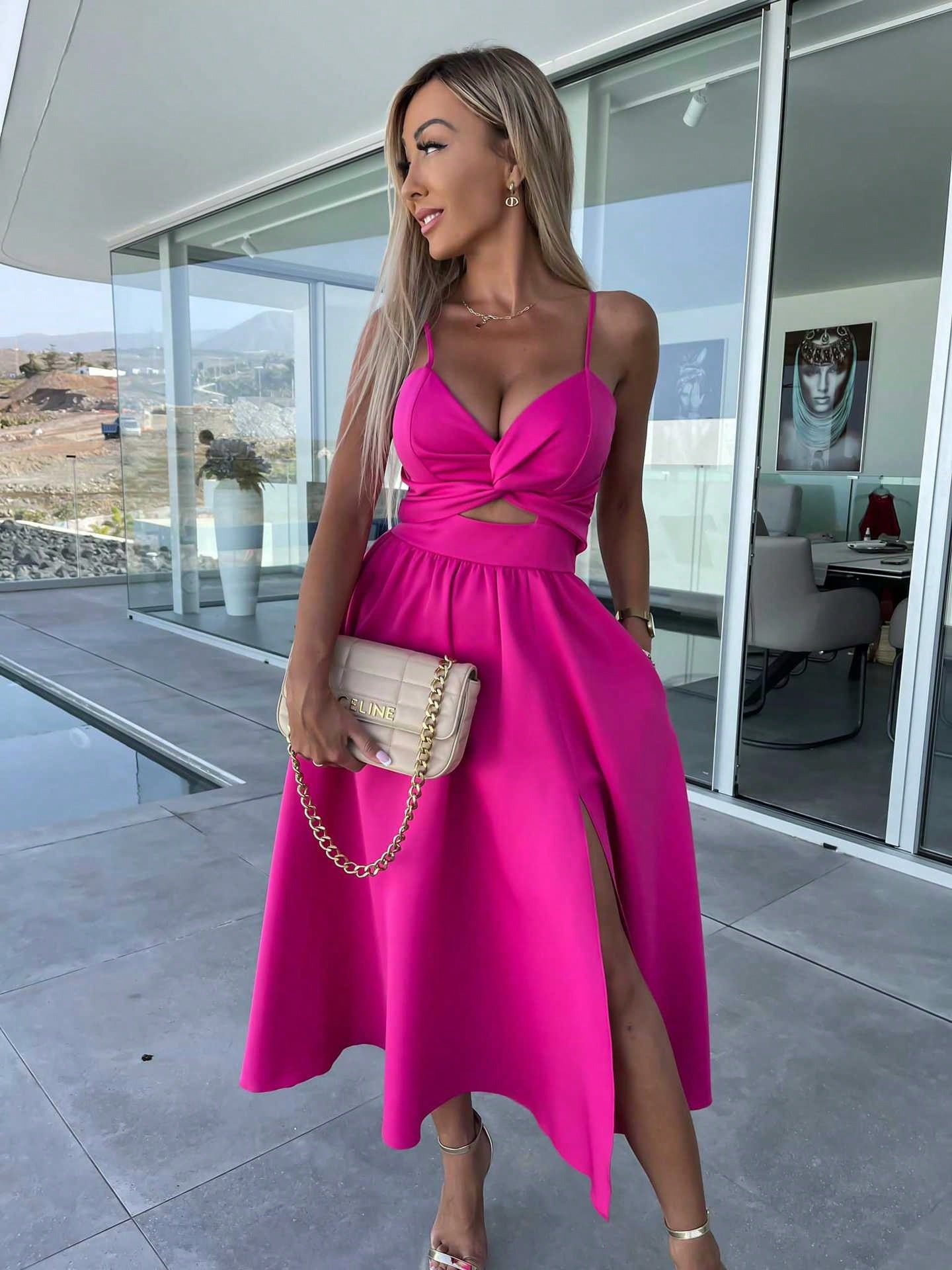 Women Spaghetti Strap Twist Cutout Midi Dress, High Slit Flowy Satin Skirt, Night Out Wedding Guest Ropa De - image 4