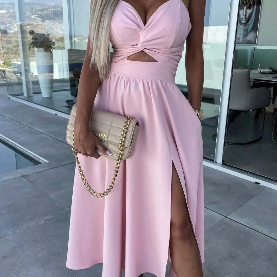 Women Spaghetti Strap Twist Cutout Midi Dress, High Slit Flowy Satin Skirt, Night Out Wedding Guest Ropa De - image 8