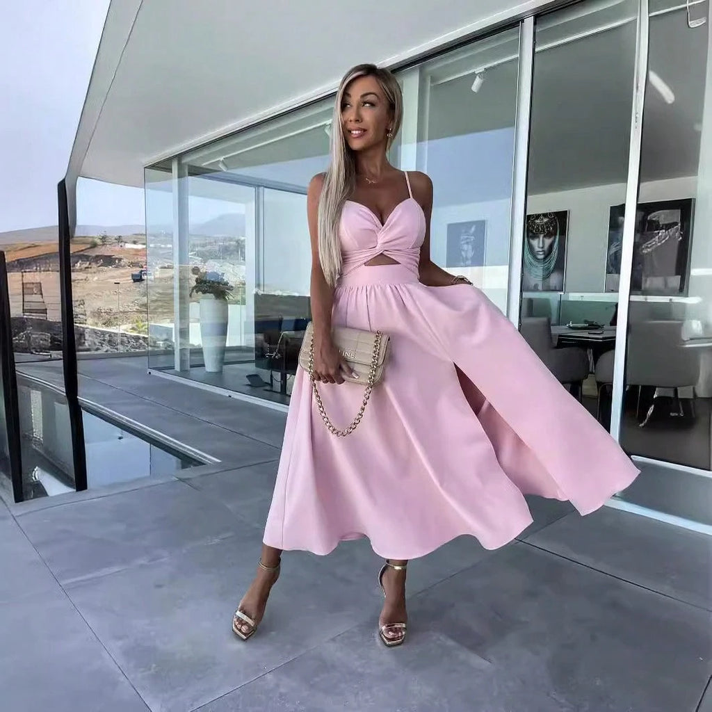 Women Spaghetti Strap Twist Cutout Midi Dress, High Slit Flowy Satin Skirt, Night Out Wedding Guest Ropa De - image 9