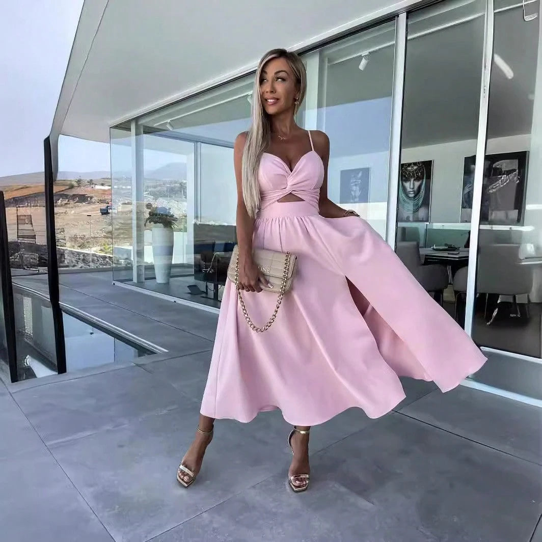 Women Spaghetti Strap Twist Cutout Midi Dress, High Slit Flowy Satin Skirt, Night Out Wedding Guest Ropa De - image 9