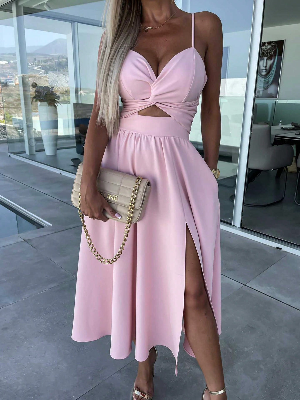 Women Spaghetti Strap Twist Cutout Midi Dress, High Slit Flowy Satin Skirt, Night Out Wedding Guest Ropa De - image 10