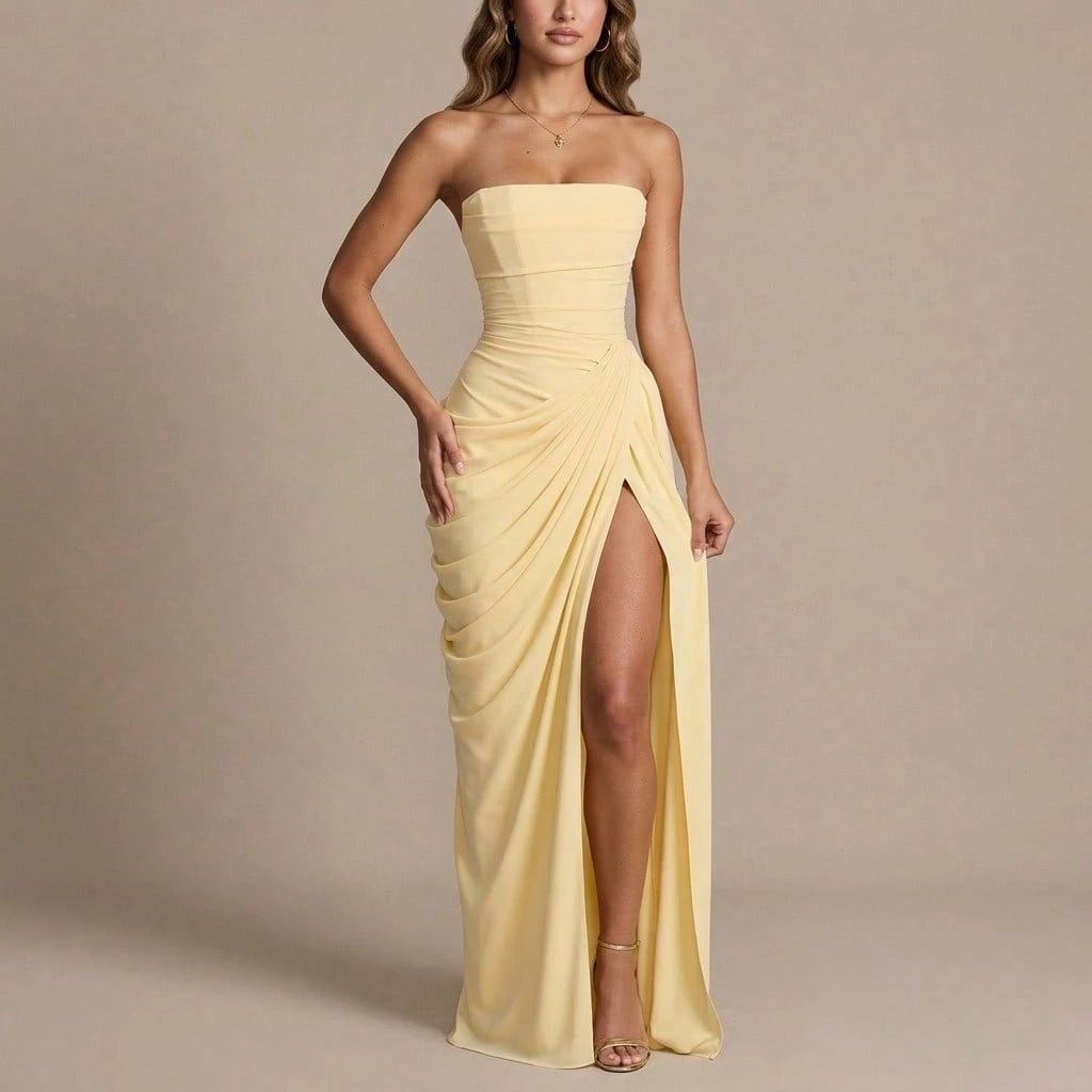 Minimal Pastel Yellow Strapless Maxi, Tube Neck Side Draped Ruched High Slit Soft Chiffon Floor Prom Formal