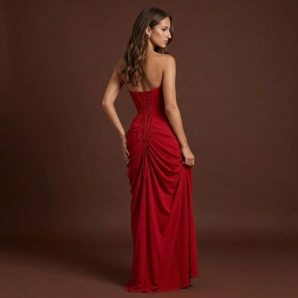 Minimal Pastel Yellow Strapless Maxi, Tube Neck Side Draped Ruched High Slit Soft Chiffon Floor Prom Formal - image 20