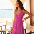 Women Ruffle Strap Smocked V Neck Maxi Dress, Drawstring Waist Flowy Chiffon Vacation Sundress