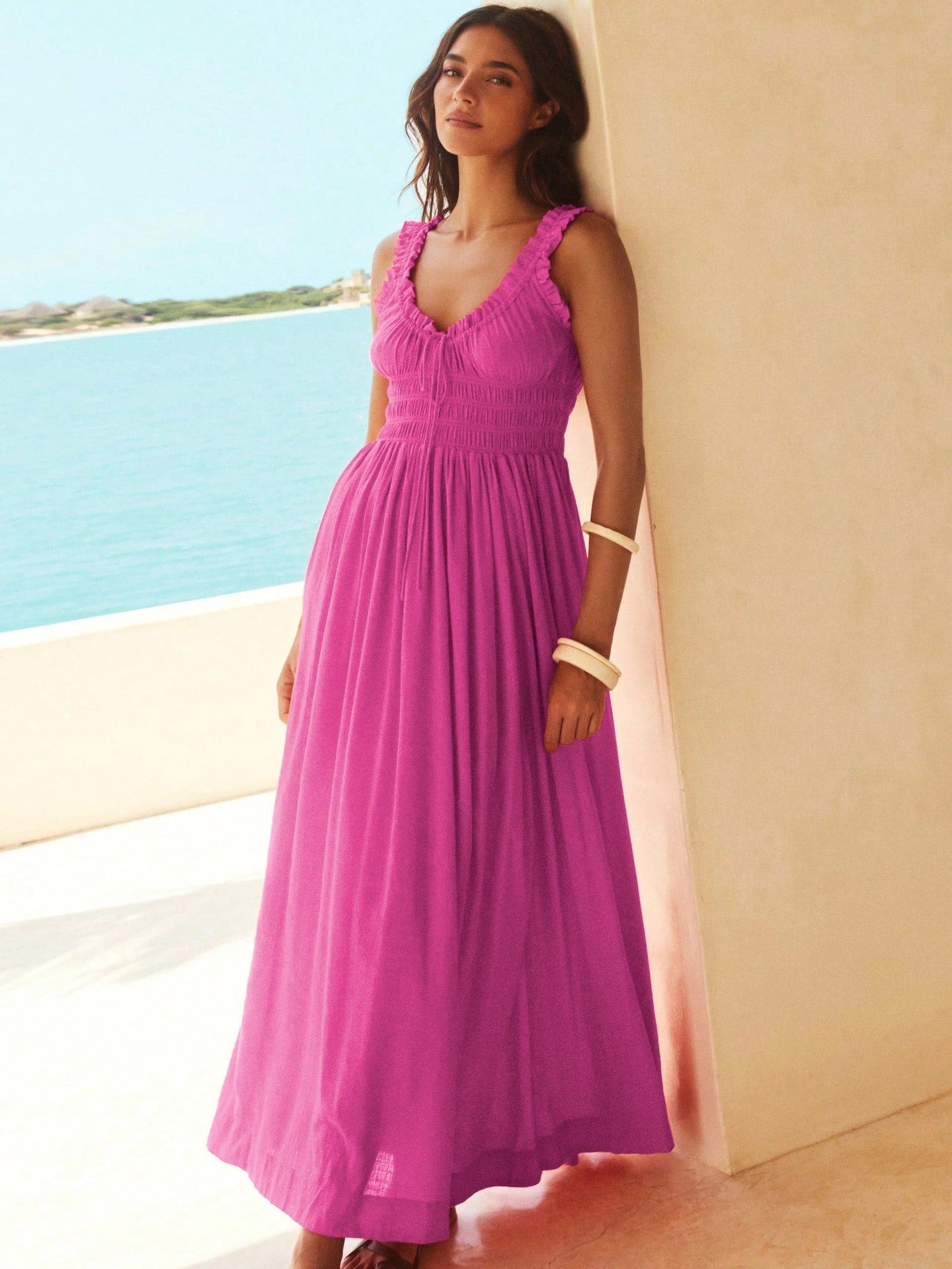 Women Ruffle Strap Smocked V Neck Maxi Dress, Drawstring Waist Flowy Chiffon Vacation Sundress - image 6