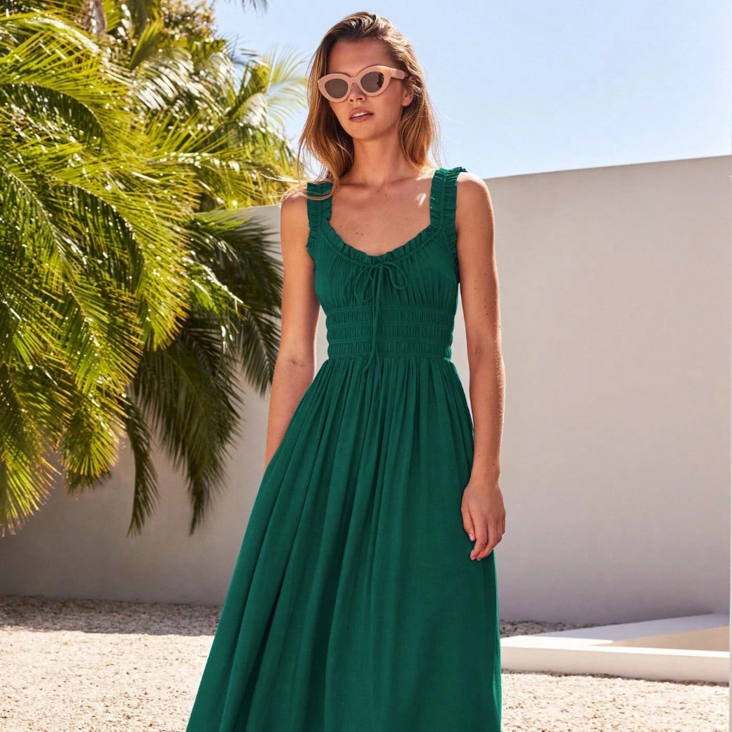 Women Ruffle Strap Smocked V Neck Maxi Dress, Drawstring Waist Flowy Chiffon Vacation Sundress - image 12