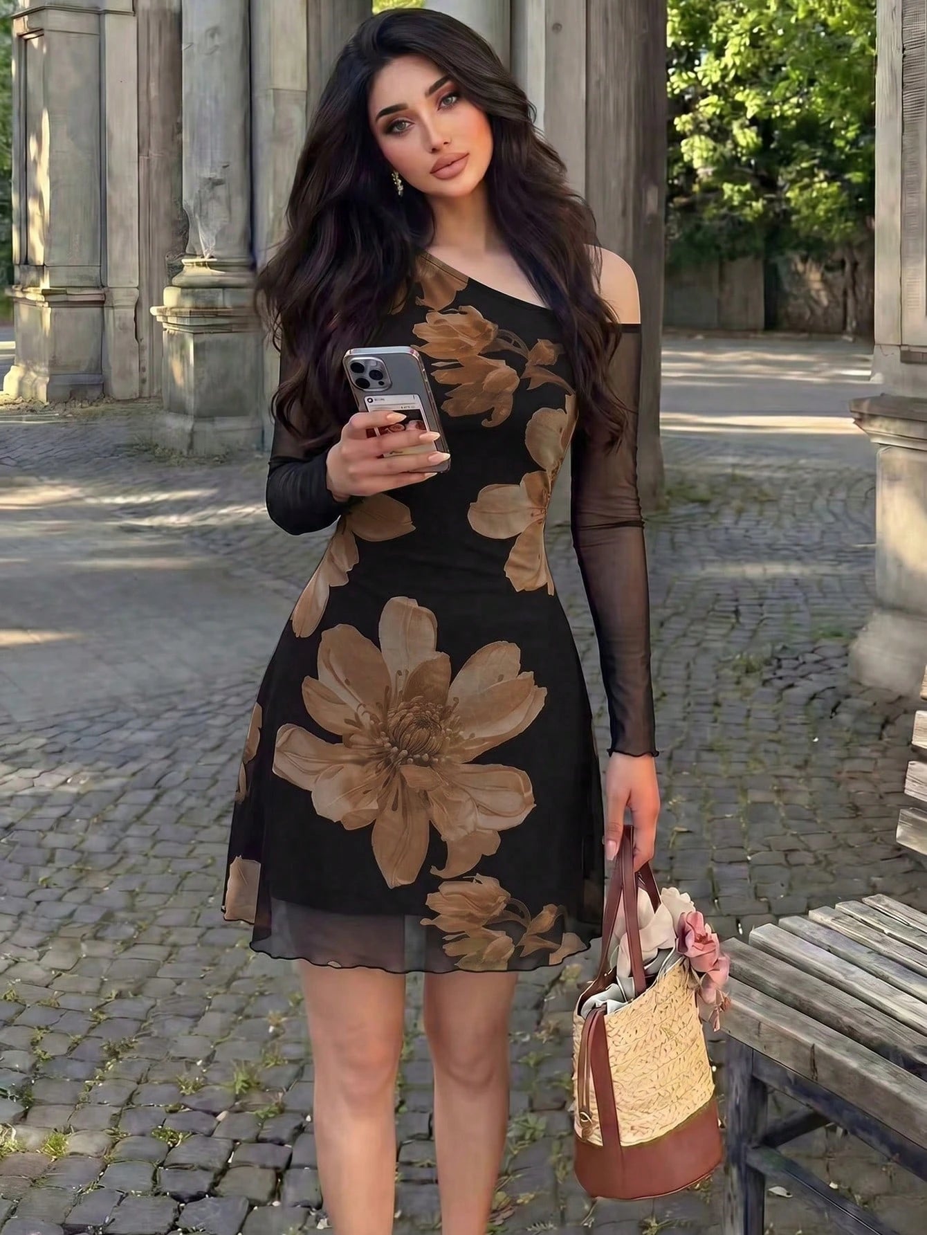 Modelyn Mesh Print Ruched Asymmetric Neck Elegant Sexy Summer Dress For Women - image 4