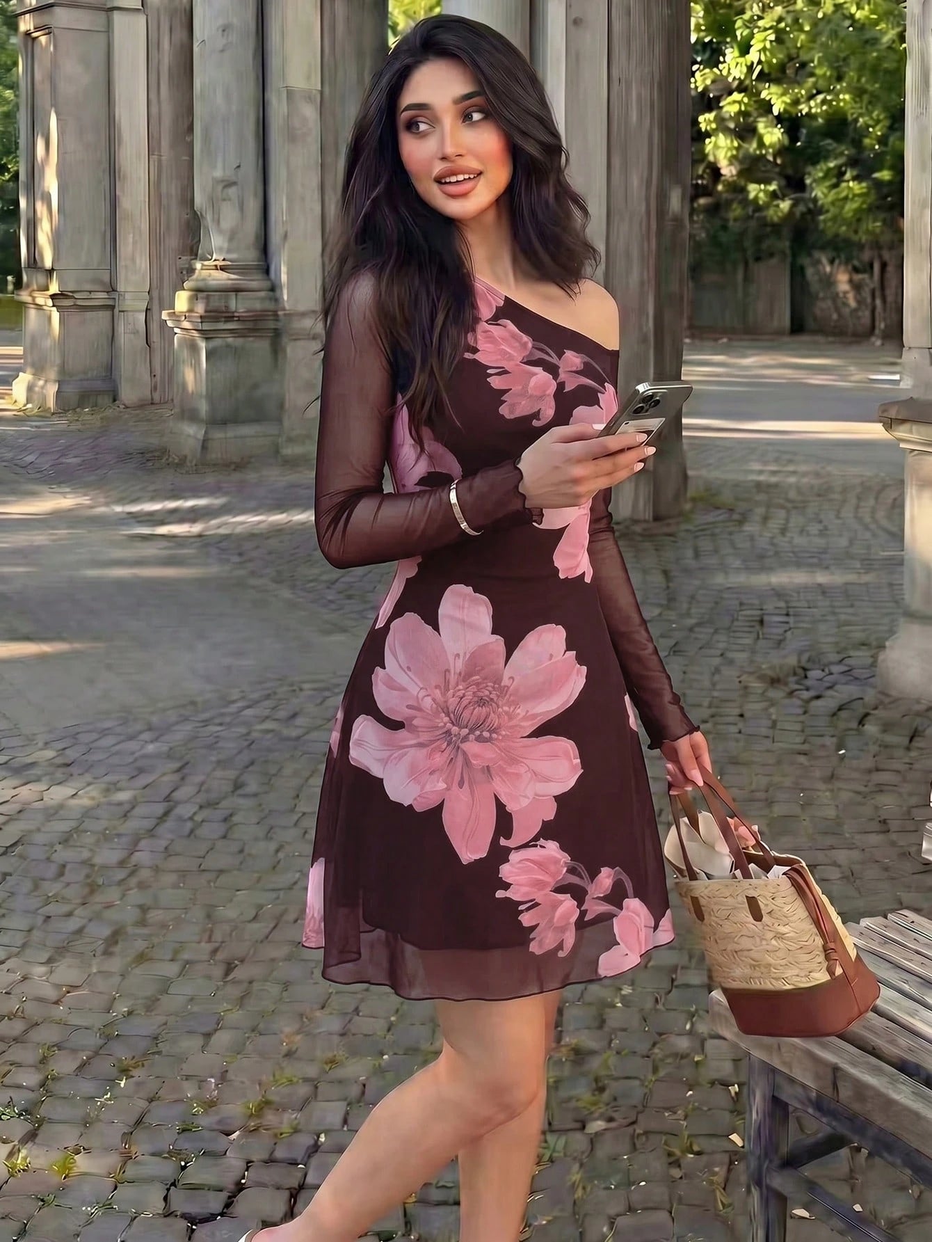 Modelyn Mesh Print Ruched Asymmetric Neck Elegant Sexy Summer Dress For Women - image 13