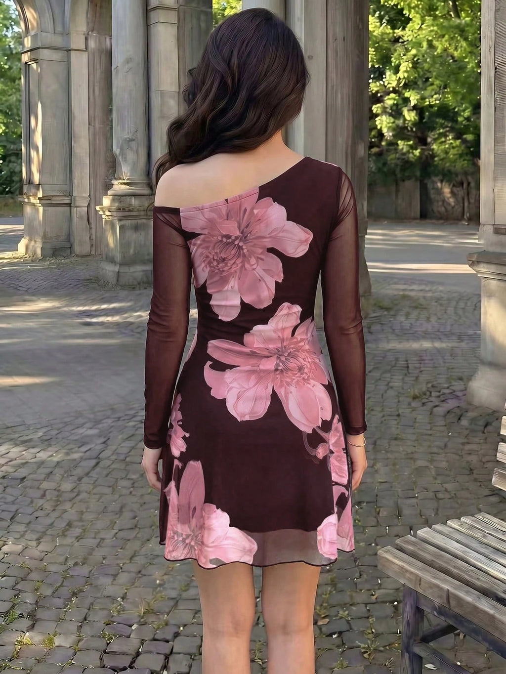 Modelyn Mesh Print Ruched Asymmetric Neck Elegant Sexy Summer Dress