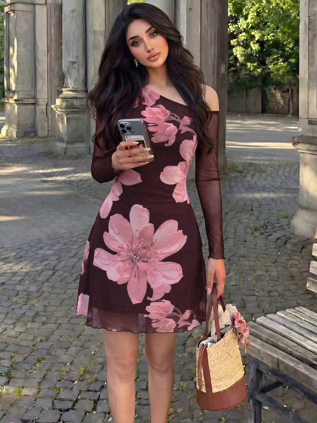 Modelyn Mesh Print Ruched Asymmetric Neck Elegant Sexy Summer Dress