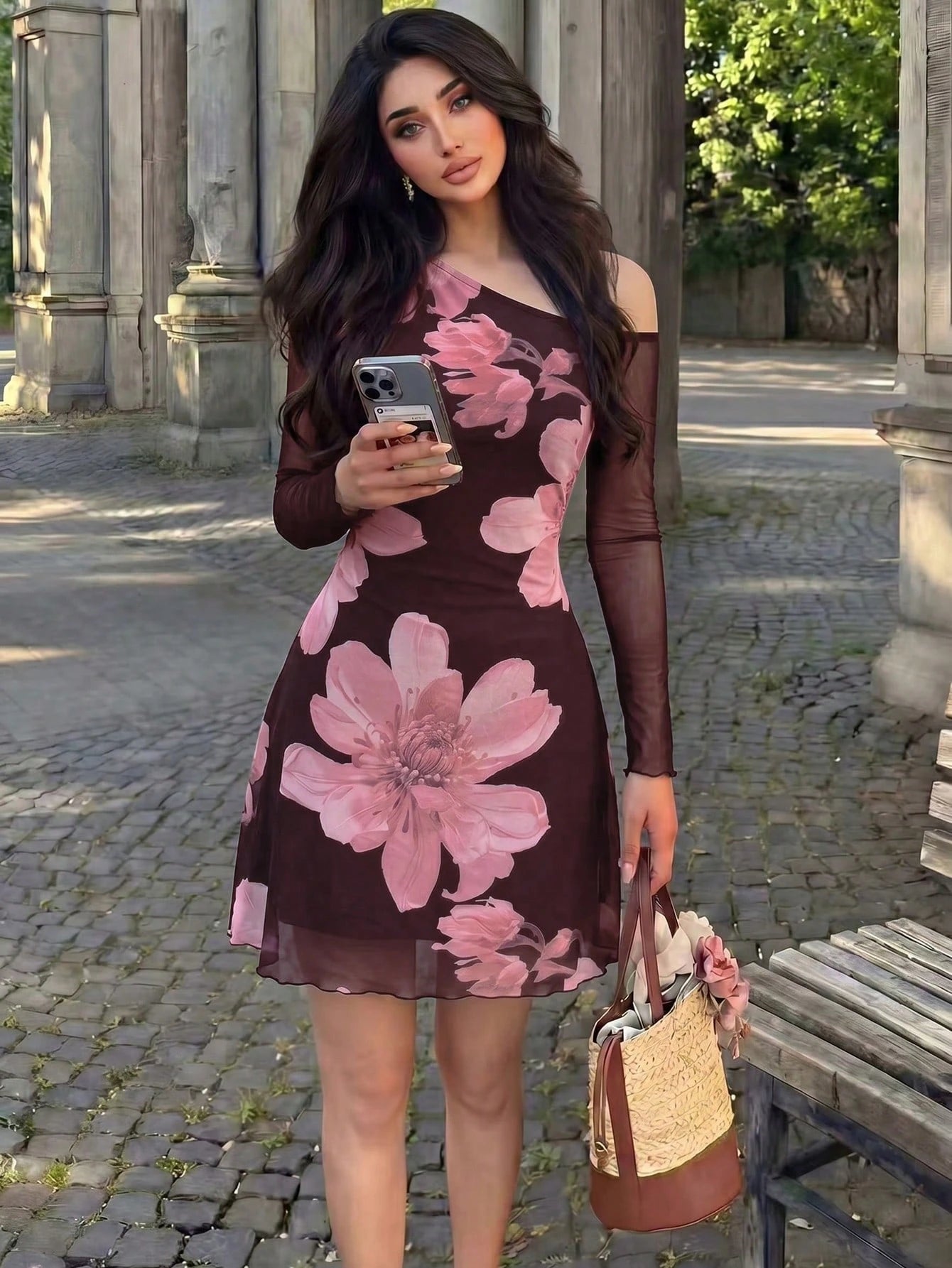 Modelyn Mesh Print Ruched Asymmetric Neck Elegant Sexy Summer Dress