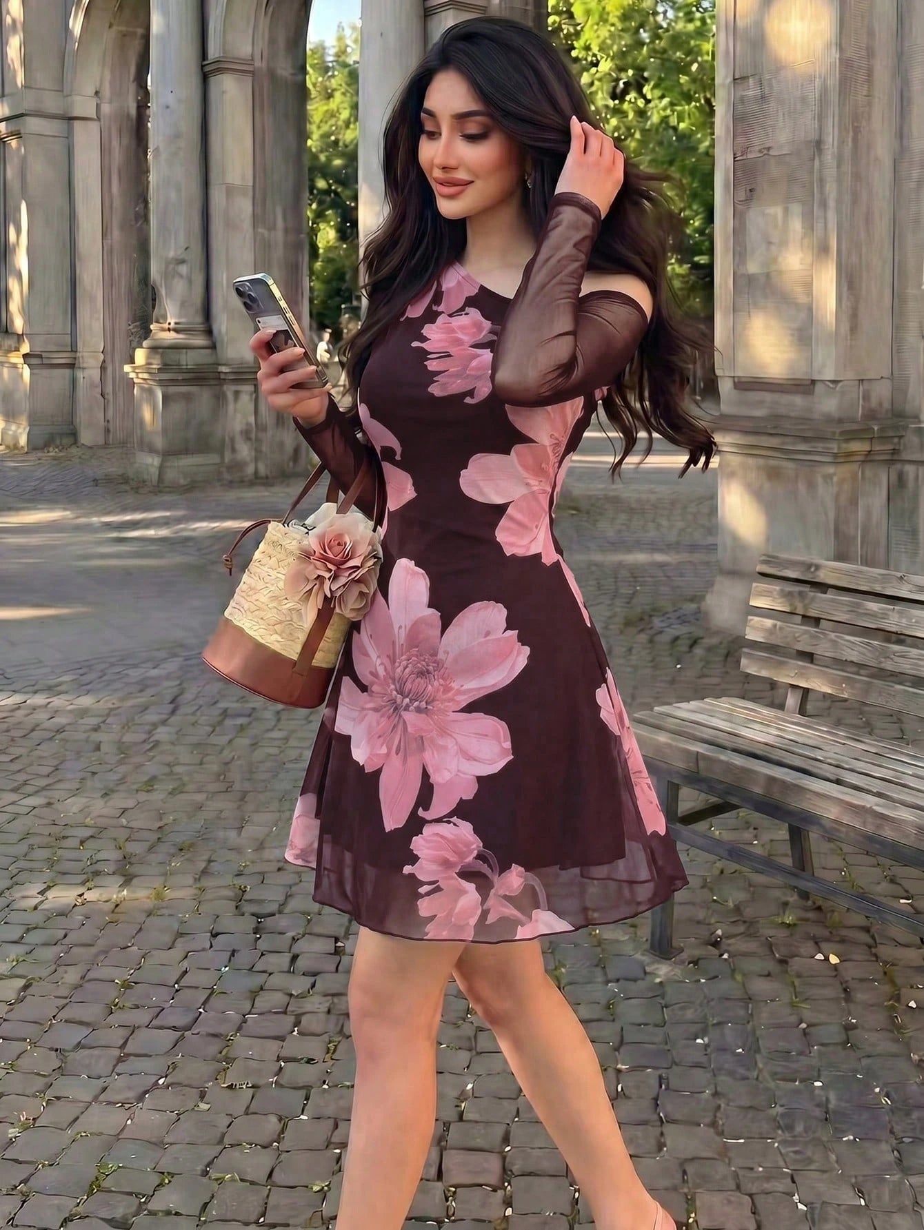 Modelyn Mesh Print Ruched Asymmetric Neck Elegant Sexy Summer Dress