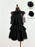 SaltGleam SaltGleam Women's Fashion Resort Ruffled Hem Halter Neck Tie Waist Dress