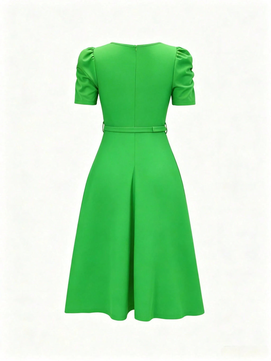 French Style Puff Sleeve Belted Midi Dress For Women - Elegant Crew