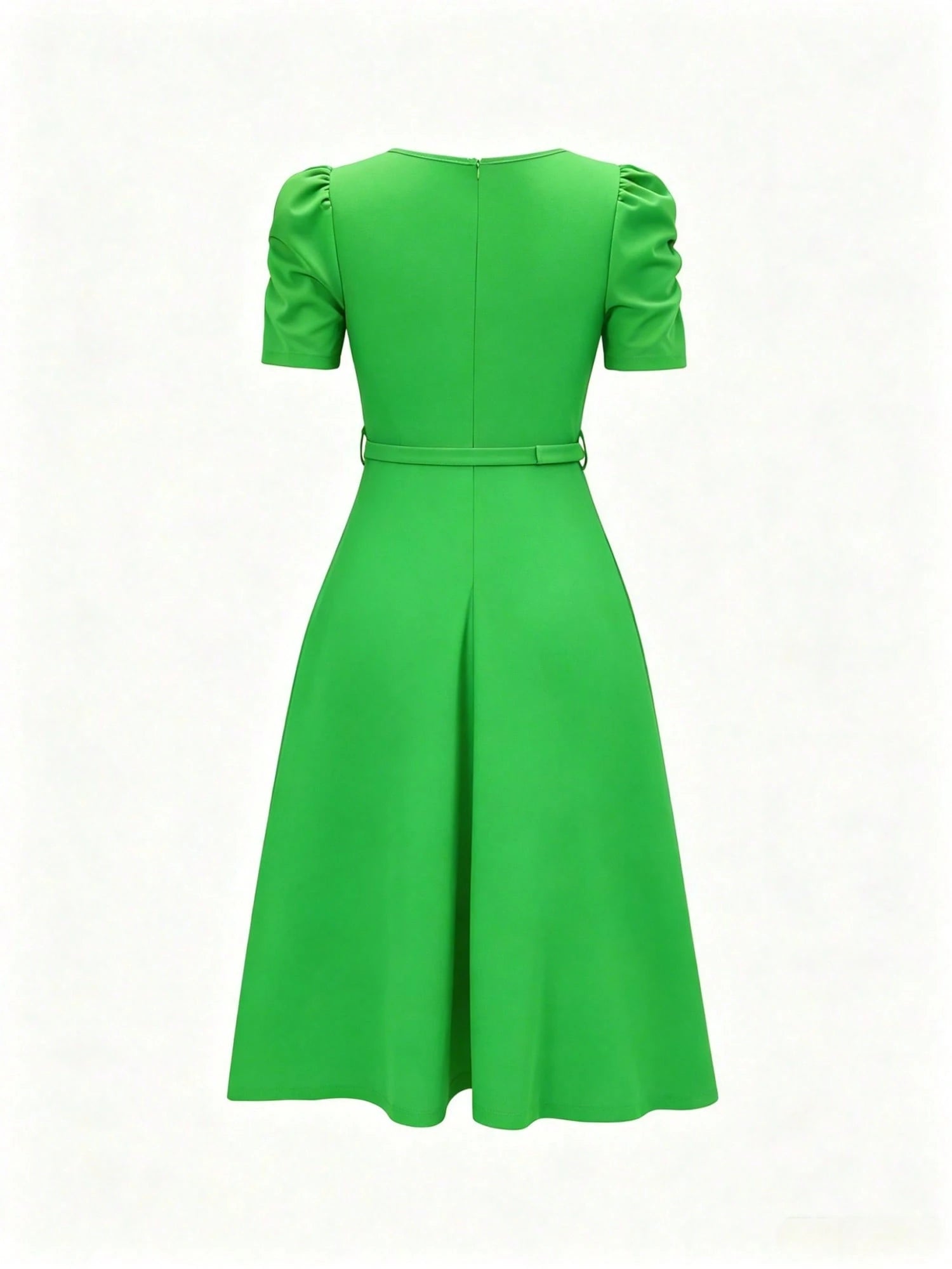 French Style Puff Sleeve Belted Midi Dress For Women - Elegant Crew