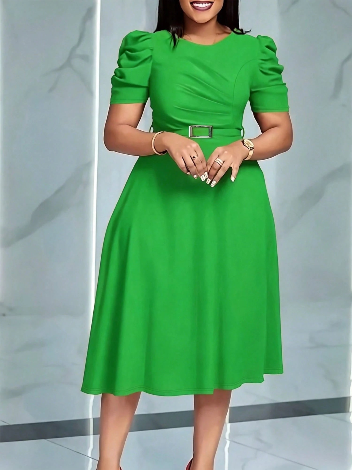 French Style Puff Sleeve Belted Midi Dress For Women - Elegant Crew