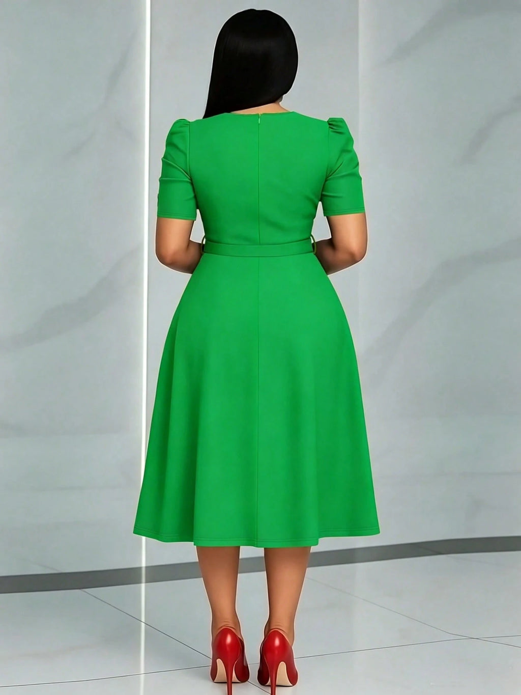French Style Puff Sleeve Belted Midi Dress For Women - Elegant Crew