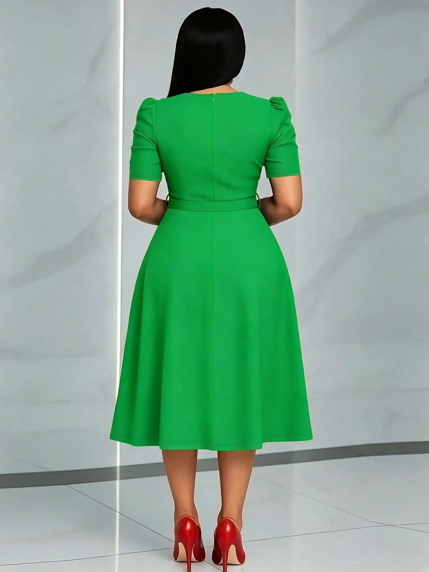 French Style Puff Sleeve Belted Midi Dress For Women - Elegant Crew