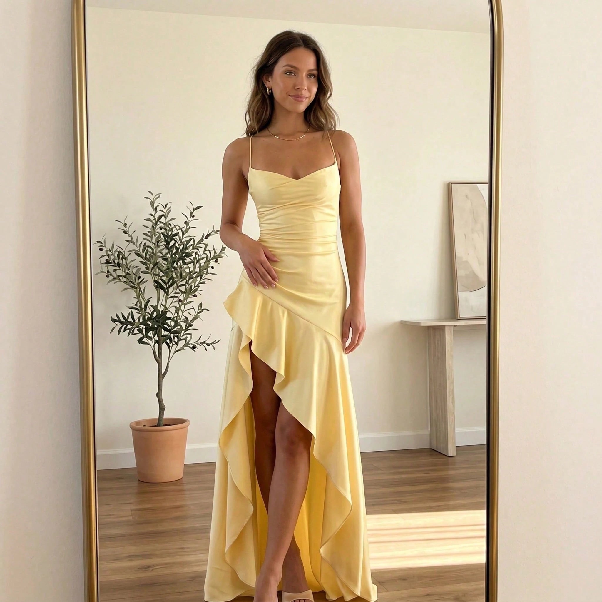 Women's Red Satin Cowl Neck Maxi Dress, Spaghetti Strap With Ruffle Slit Formal Evening Gown - image 16