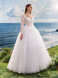 Elasola Elegant Long Formal Gown, Wedding Dress With Long Sleeves, Round Neck, Mesh Fabric, Floral Applique