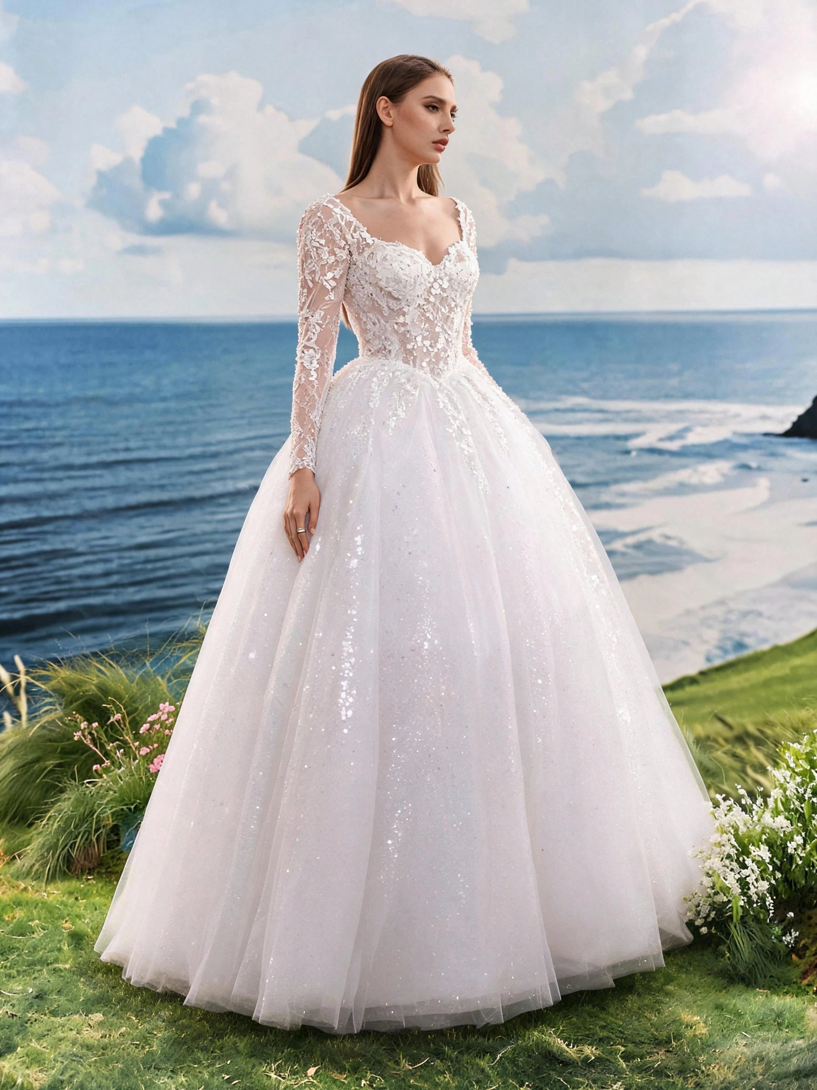 Elasola Elegant Long Formal Gown, Wedding Dress With Long Sleeves, Round Neck, Mesh Fabric, Floral Applique