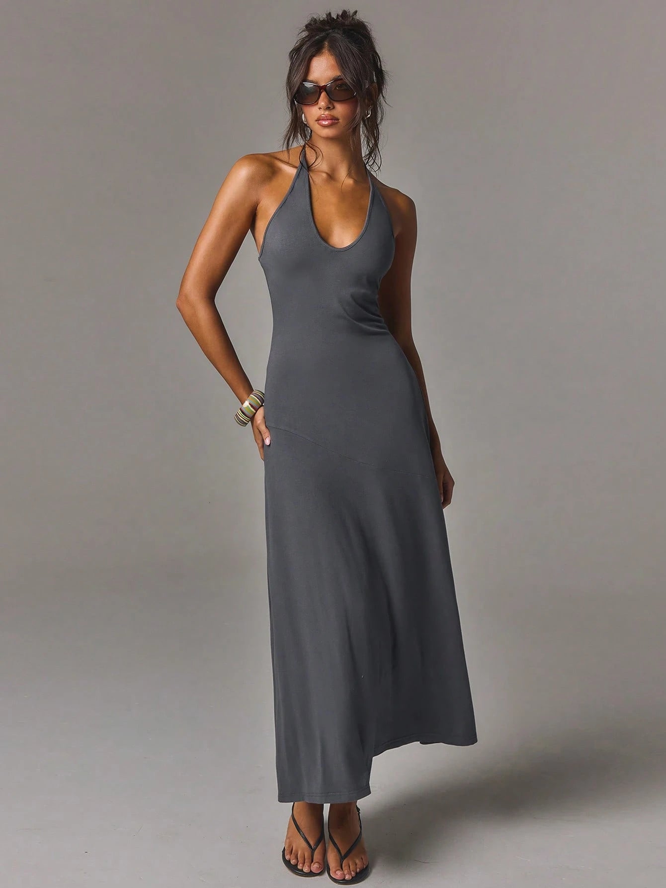 Athîral Women's Casual Dark Grey Sexy V-Neck Long Dress For Summer Holiday Vacation Date,Daily Wear,Going Out - image 3