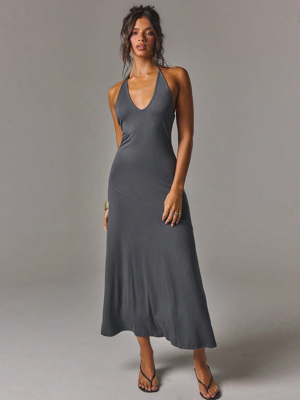 Athîral Women's Casual Dark Grey Sexy V-Neck Long Dress For Summer