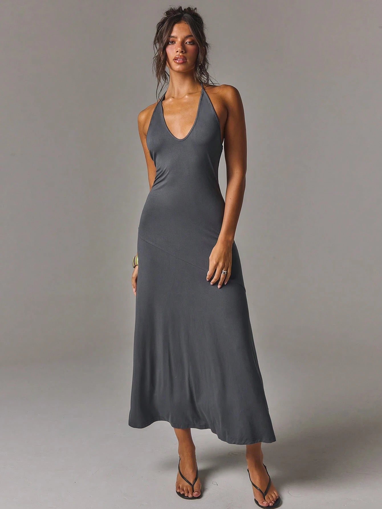 Athîral Women's Casual Dark Grey Sexy V-Neck Long Dress For Summer