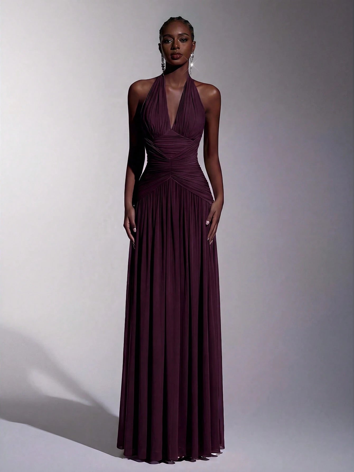 Elitara Elegant, , Fashionable Elastic Mesh Halter Neck Ruched Decor