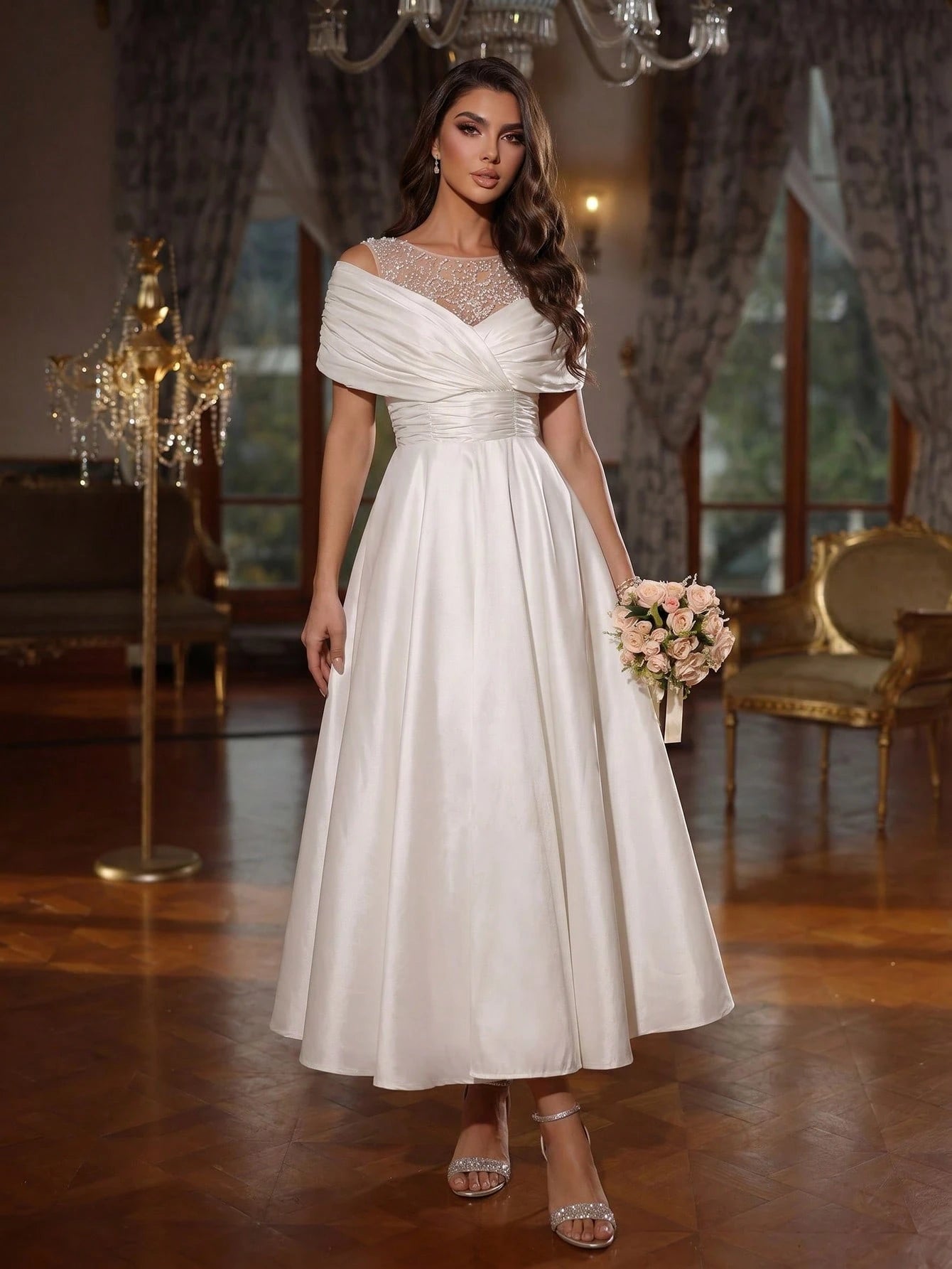 Coutiva Elegant White Summer Silky Wedding Dress,Off-The-Shoulder Pearl-Embellished A-Line Skirt For - image 3