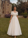 Coutiva Elegant White Summer Silky Wedding Dress,Off-The-Shoulder Pearl-Embellished A-Line Skirt For